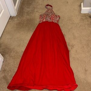 Sherri Hill Red Halter Gown with Embellished Bodice